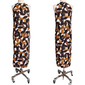 70s vintage hawaiian shift dress maxi art print leaf pattern sleeveless boho.